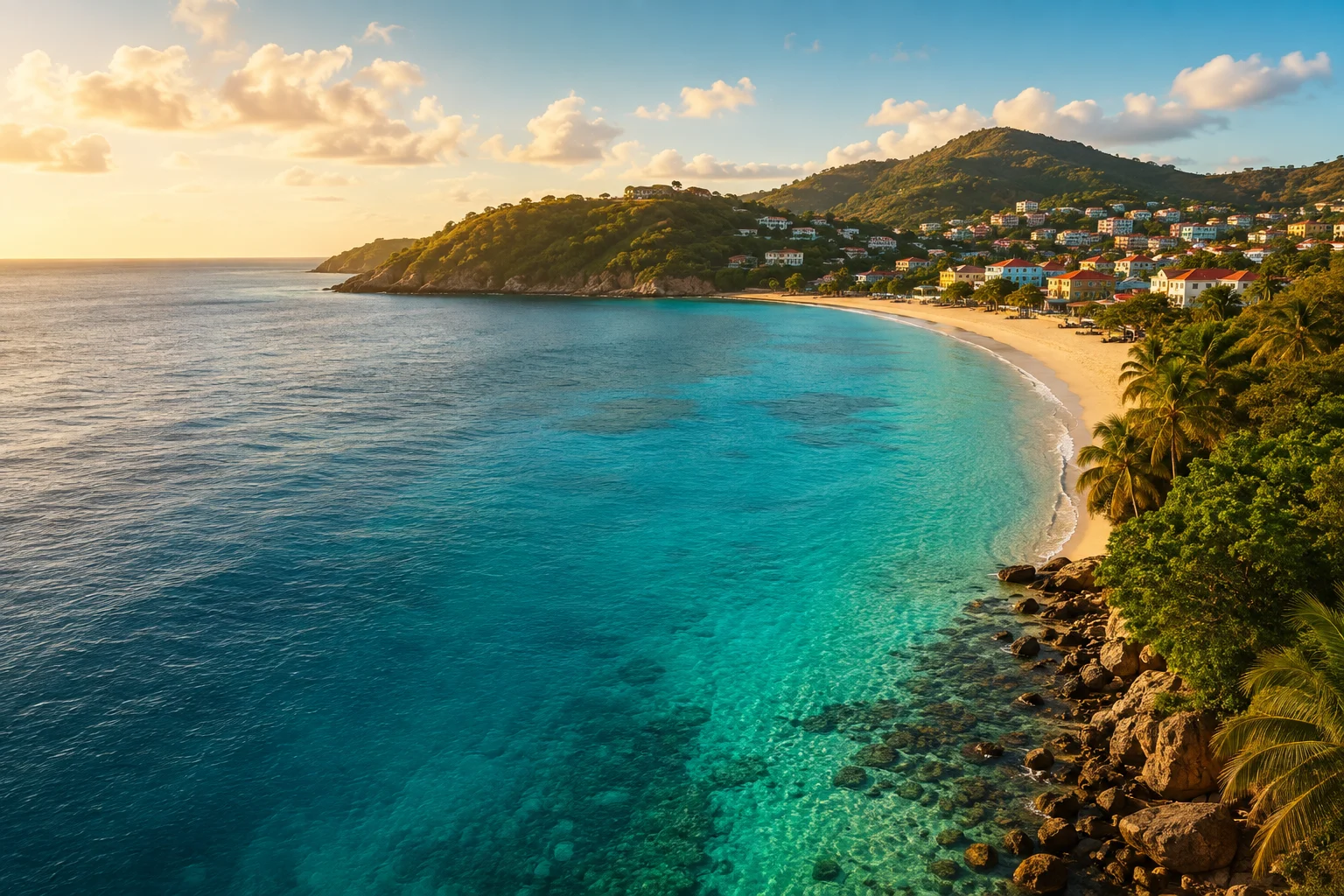 A turquoise Caribbean bay at golden hour, with a beach town on the hillside